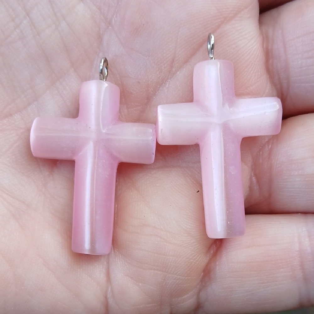 New 2Pcs Pink Cat Eye Gemstone Cross Pendants.